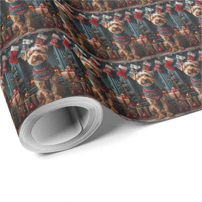 Papel De Regalo Perro Airedale con chimenea de regalos para Navida (Esquina del rollo)