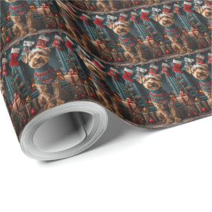 Papel De Regalo Perro Airedale con regalos de Navidad Chimenea
