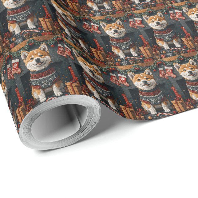 Papel De Regalo Perro Akita Con Chimenea De Regalos Navidades (Esquina del rollo)