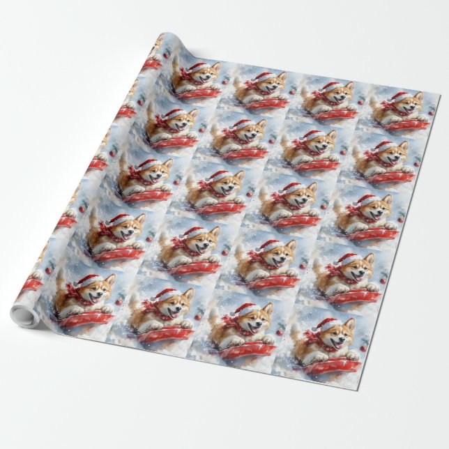 Papel De Regalo Perro Akita con manchas deja que nieve Navidades (Desenrollado)