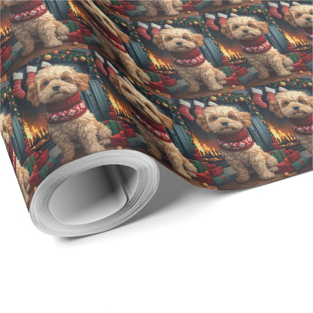 Papel De Regalo Perro Apso Lhasa Con Chimenea De Regalos Navidades (Esquina del rollo)