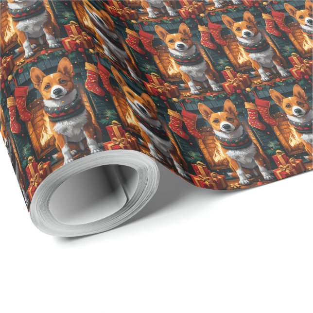 Papel De Regalo Perro Basenji con chimenea de regalos de Navidad (Esquina del rollo)