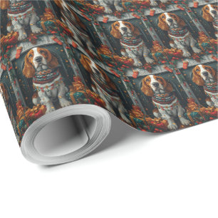 Papel De Regalo Perro Basset Hound con regalos de Navidad Chimenea