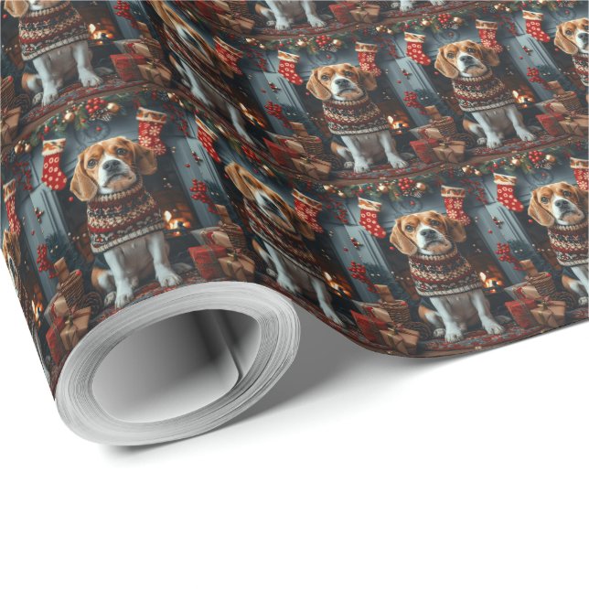 Papel De Regalo Perro Beagle Con Regalos De Navidad Chimenea (Esquina del rollo)