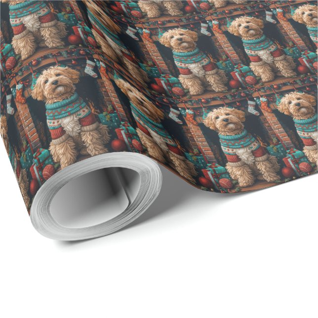 Papel De Regalo Perro Bernedoodle con chimenea de regalos de Navid (Esquina del rollo)