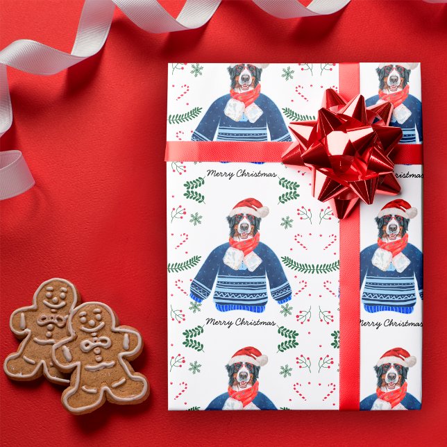Papel De Regalo Perro bernés con suéter de Navidad festivo (Subido por el creador)