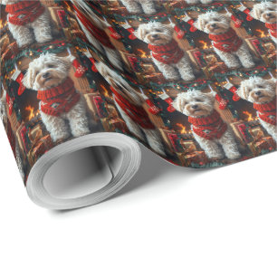 Papel De Regalo Perro Bichon Frise con regalos de Navidad Chimenea