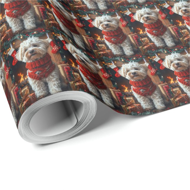 Papel De Regalo Perro Bichon Frise con regalos de Navidad Chimenea (Esquina del rollo)
