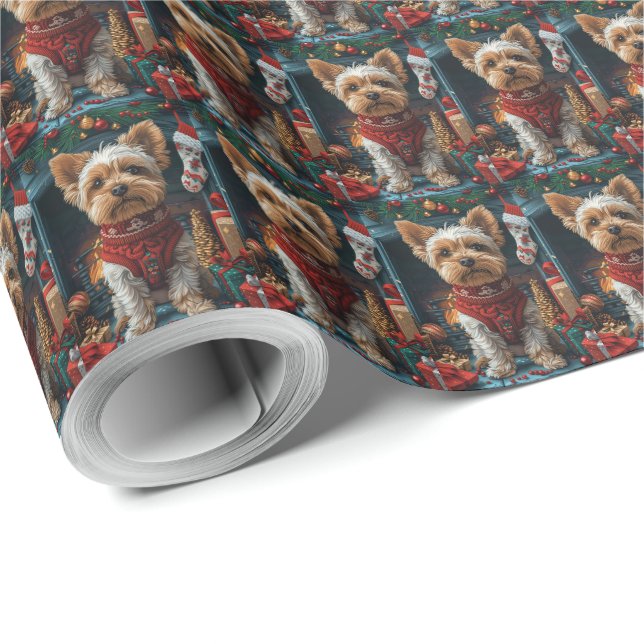 Papel De Regalo Perro Biewer Terrier con regalos de Navidad Chimen (Esquina del rollo)
