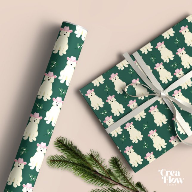Papel De Regalo Perro blanco esponjoso con Navidades gorras lecher (Cute white fluffy dog with pink cowgirl hat, dark green christmas wrapping paper)
