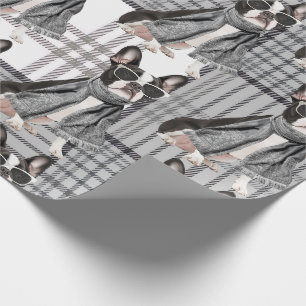 Papel De Regalo Perro Boston Terrier Elegante y Monograma a Cuadro