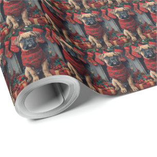 Papel De Regalo Perro Bullmastiff con regalos de Navidad Chimenea