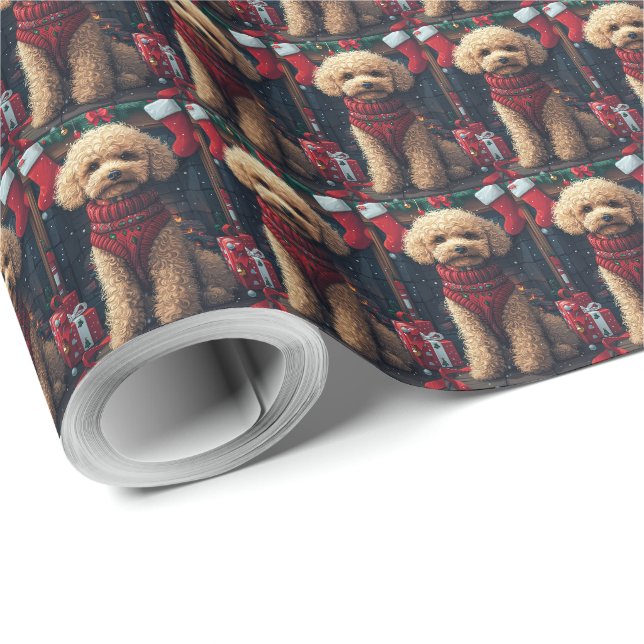 Papel De Regalo Perro Caniche Con Regalos De Navidad Chimenea (Esquina del rollo)