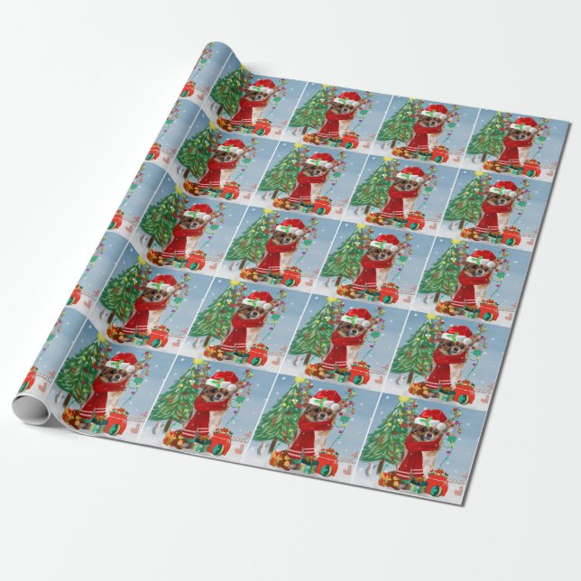 Papel De Regalo Perro Chihuahua en nieve con regalos de Navidades (Desenrollado)