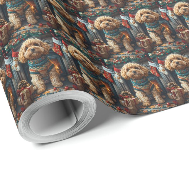 Papel De Regalo Perro Cockapoo Con Navidades Regalos Chimenea (Esquina del rollo)