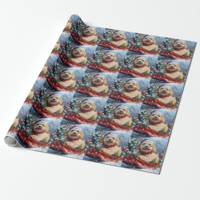 Papel De Regalo Perro Cockapoo en Trineo Deja que Nieve Navidad (Desenrollado)