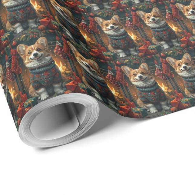 Papel De Regalo Perro Corgi Con Chimenea De Regalos Navidades (Esquina del rollo)