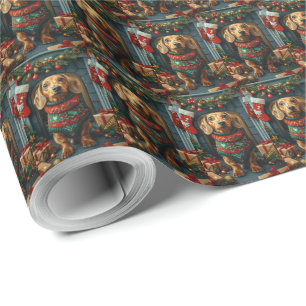 Papel De Regalo Perro Dachshund con regalos de Navidad Chimenea