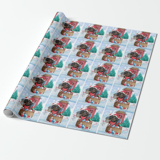Papel De Regalo Perro Dachshund En La Casa De Perros De Navidades  (Desenrollado)