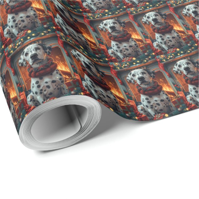 Papel De Regalo Perro Dálmata Con Regalos De Navidad Chimenea (Esquina del rollo)