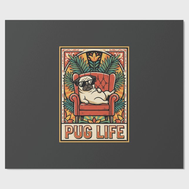 Papel De Regalo Perro de Arte Popular Retro Pug (Superficie plana)