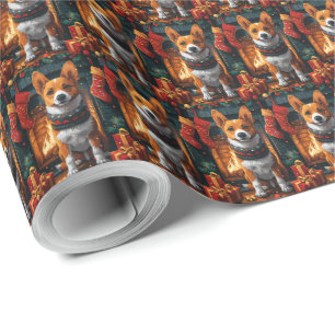 Papel De Regalo Perro de Basenji con Navidades y chimenea