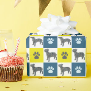Papel De Regalo Perro de Bull Terrier y Cuadrícula amarilla y azul