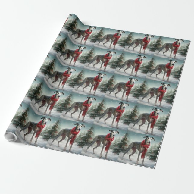 Papel De Regalo Perro de Greyhound en Navidades de Nieve (Desenrollado)