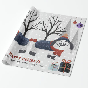 Papel De Regalo Perro de invierno y árboles Felices vacaciones Nav