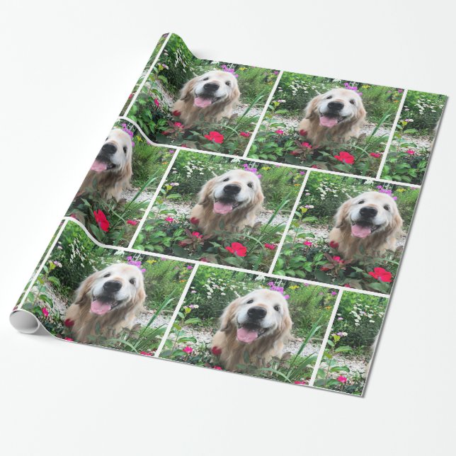Papel De Regalo Perro de la recuperación dorada entre las flores e (Desenrollado)