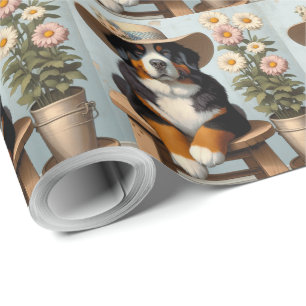 Papel De Regalo Perro de montaña de Berna con Gorra y flores