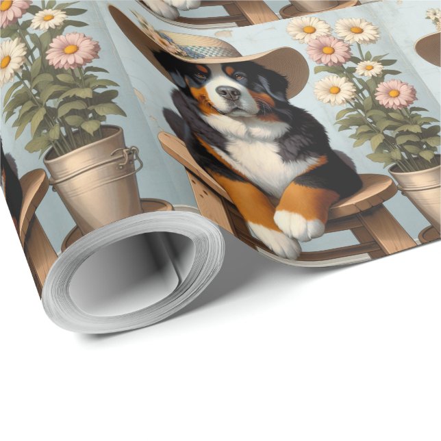 Papel De Regalo Perro de montaña de Berna con Gorra y flores (Esquina del rollo)