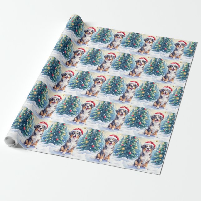 Papel De Regalo Perro de montaña Entlebucher Bosque nevado Santa (Desenrollado)