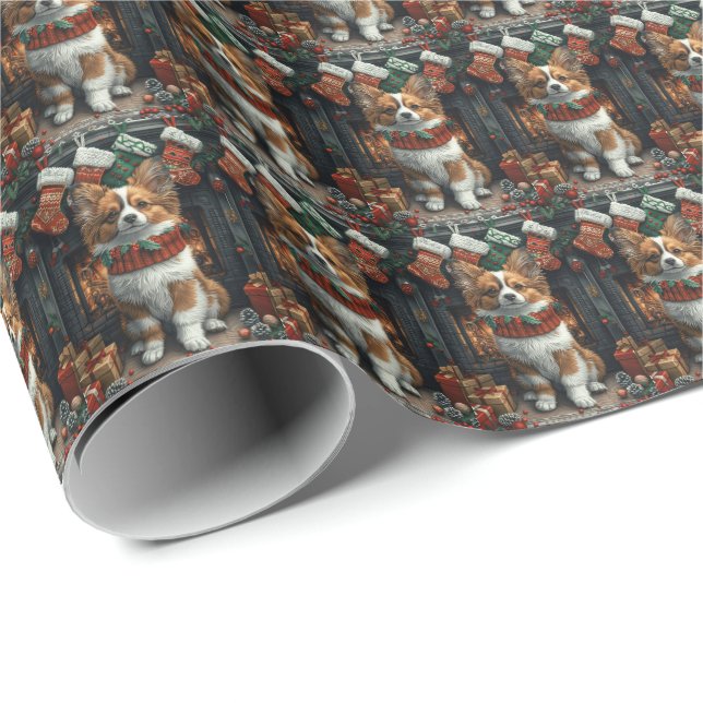 Papel De Regalo Perro de Papillon con Navidades y chimenea (Esquina del rollo)