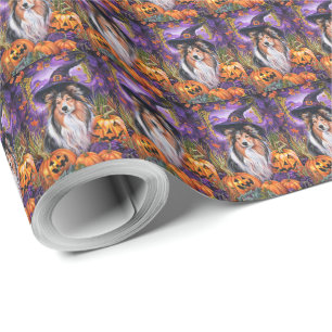 Papel De Regalo Perro de pastor de Shetland espeluznante bruja de