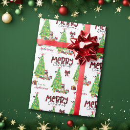 Papel De Regalo Perro de pug, pájaro y árbol de Navidad