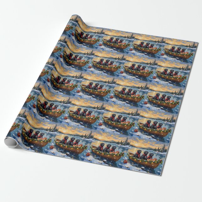 Papel De Regalo Perro de Terranova Navidad Barco Fiesta (Desenrollado)