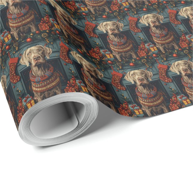 Papel De Regalo Perro de Weimaraner Con Chimenea De Regalos Navida (Esquina del rollo)