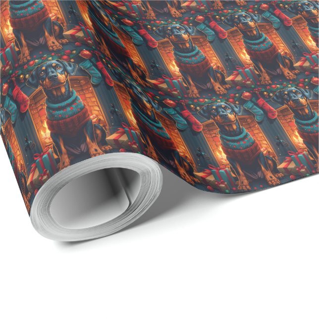 Papel De Regalo Perro Doberman con regalos de Navidad chimenea (Esquina del rollo)