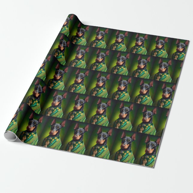 Papel De Regalo Perro Doberman en vestido de San Patricio (Desenrollado)