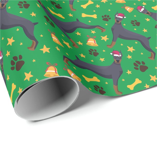 Papel De Regalo Perro Doberman Pinscher Con Navidades De Santa Hat (Esquina del rollo)