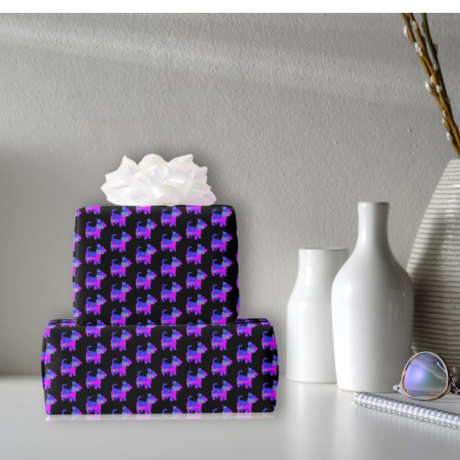 Papel De Regalo Perro escocés adorable rosa y azul sobre negro (Subido por el creador)