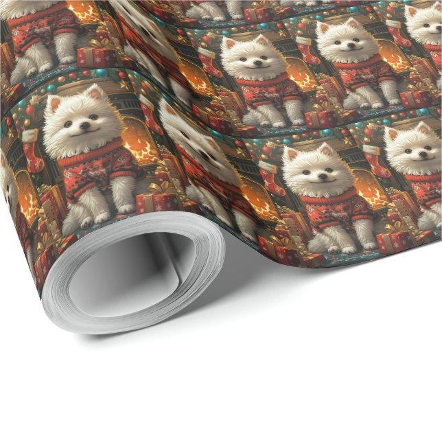 Papel De Regalo Perro esquimal americano con chimenea de regalos d (Esquina del rollo)