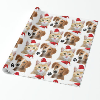 Papel De Regalo Perro gato Navidad cortó el rojo en Navidad blanca