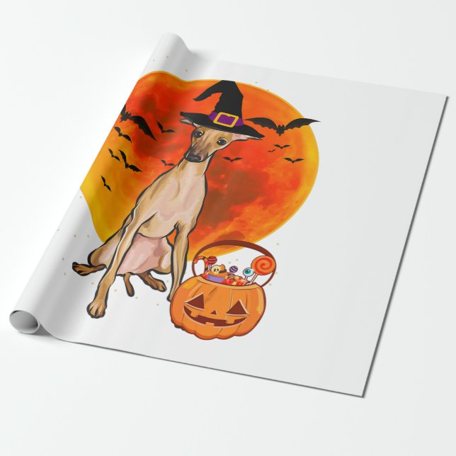 Papel De Regalo Perro Halloween Greyhound italiano Jack O Lantern (Desenrollado)