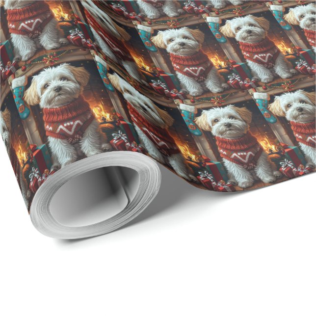 Papel De Regalo Perro Havanés Con Regalos De Navidad  (Esquina del rollo)