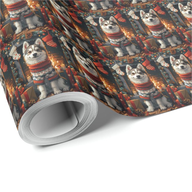 Papel De Regalo Perro Husky Siberiano Con Chimenea De Regalos Navi (Esquina del rollo)