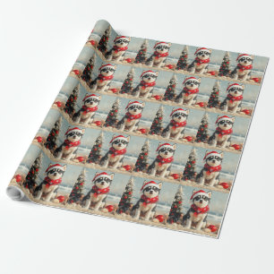 Papel De Regalo Perro Husky Siberiano Navidad Vintage Playa