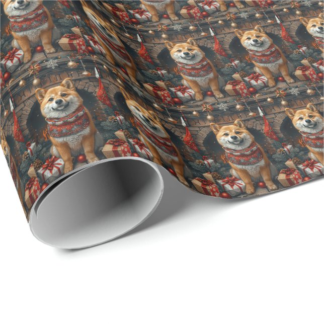 Papel De Regalo Perro Inu Shiba Con Navidades Regalos Chimenea (Esquina del rollo)
