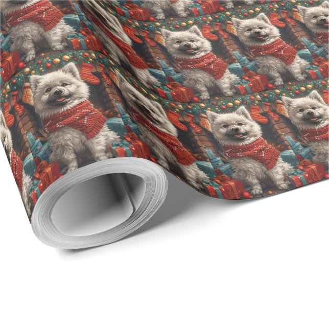 Papel De Regalo Perro Keeshond Con Chimenea De Regalos Navidades (Esquina del rollo)
